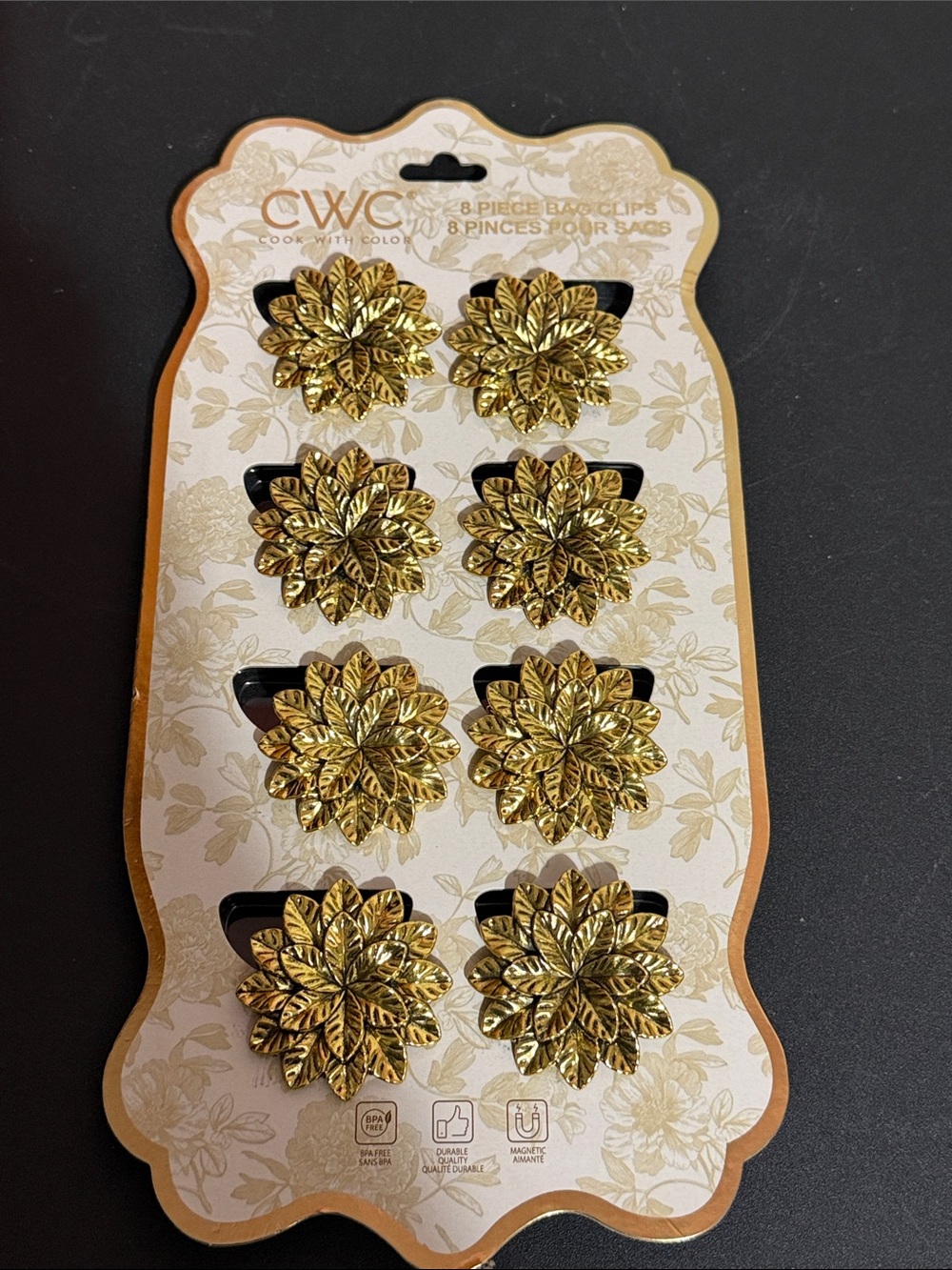 CWC gold metal flower set of 8 bag clips